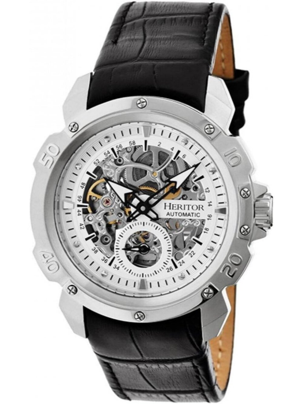 Men's Silver Skeleton Automatic Movement Leather Strap Crystal Wrist Watches